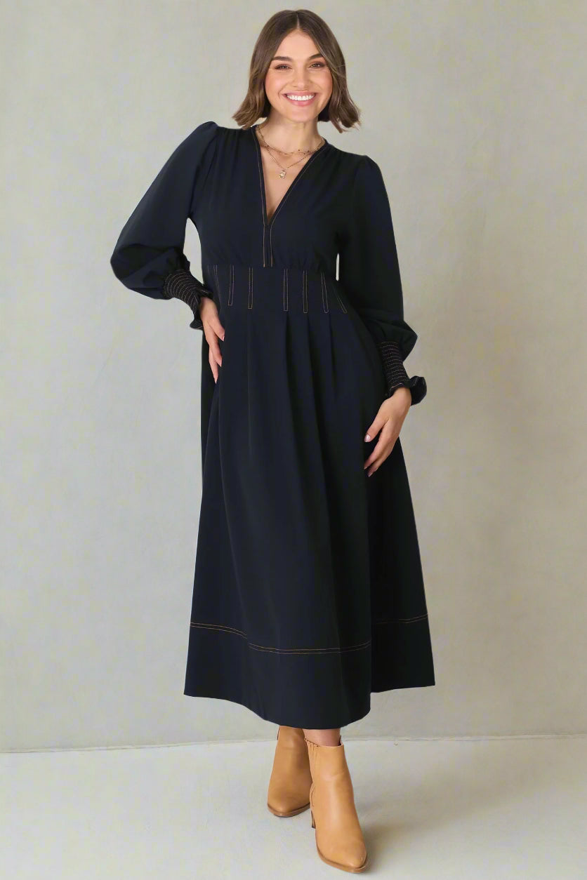 Karey Midi Dress - Dark Denim Fit and Flare Contrast Stitching Midi Dress