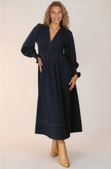 Karey Midi Dress - Dark Denim Fit and Flare Contrast Stitching Midi Dress