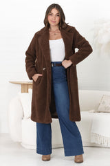 Rooney Coat - Lapel Collared Long Teddy Coat in Brown