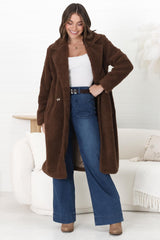 Rooney Coat - Lapel Collared Long Teddy Coat in Brown