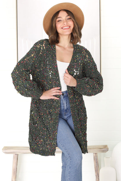 Honour Cardigan - Rainbow Speck Open Knit Cardigan in Military Green