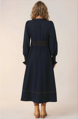 Karey Midi Dress - Dark Denim Fit and Flare Contrast Stitching Midi Dress