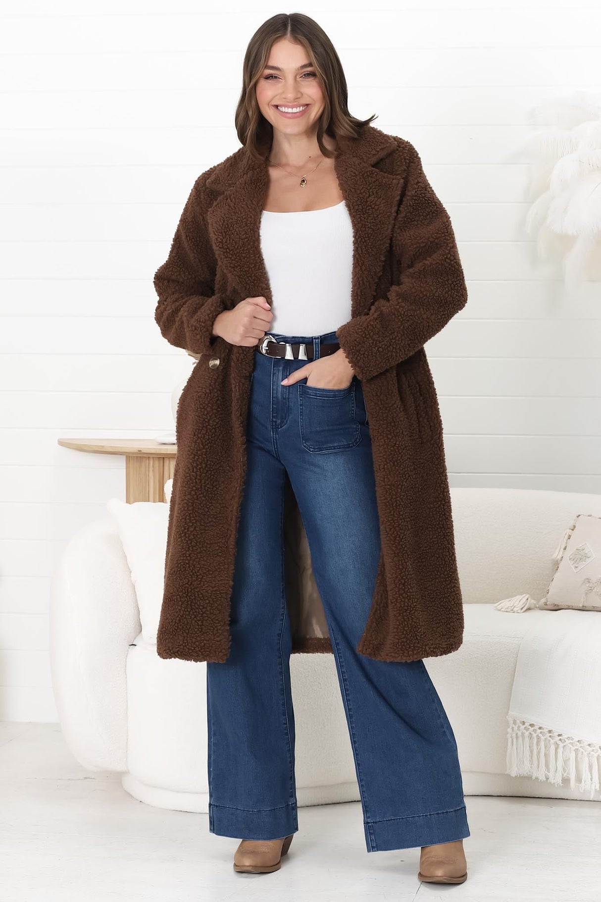 Rooney Coat - Lapel Collared Long Teddy Coat in Brown