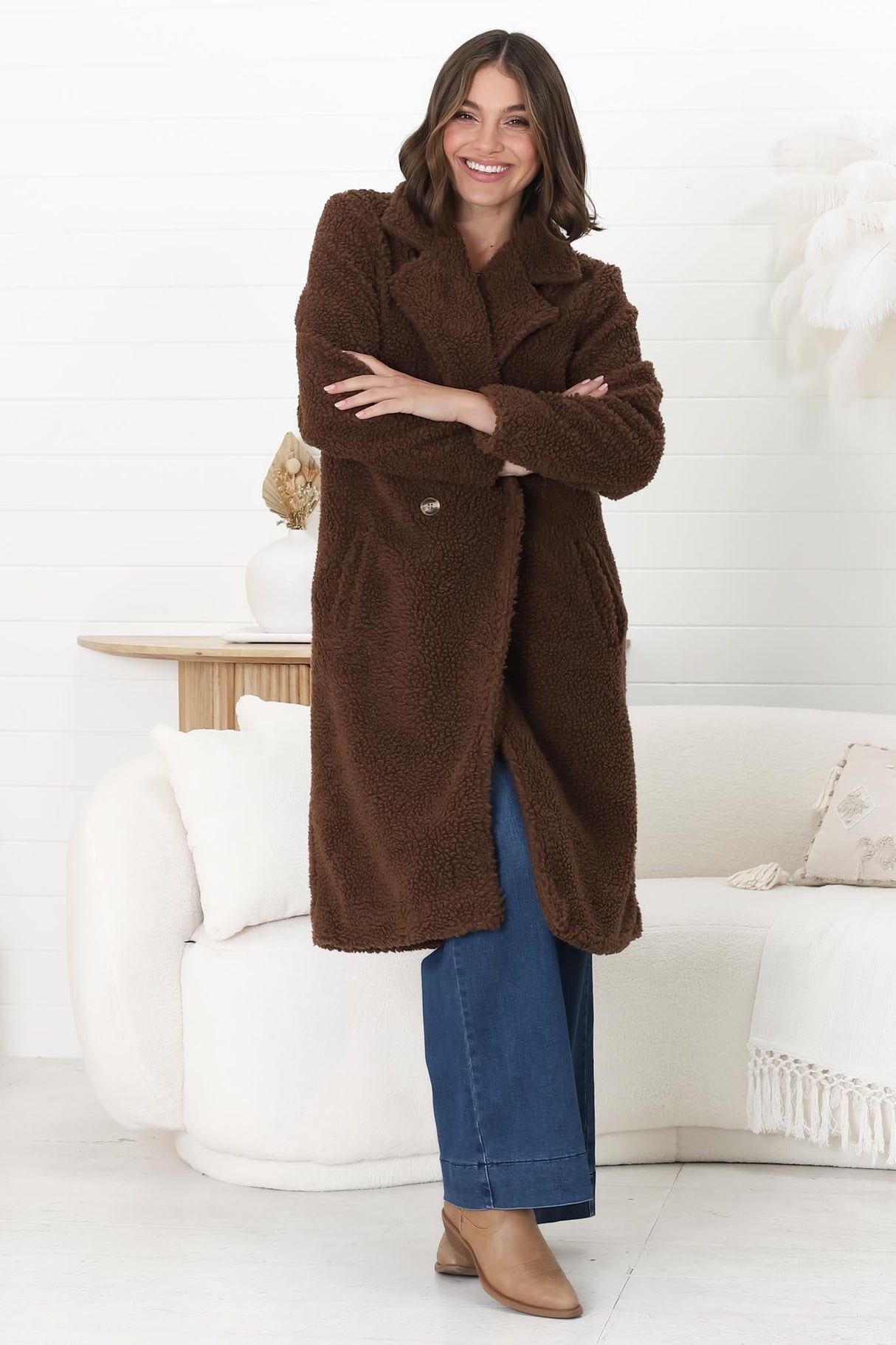 Rooney Coat - Lapel Collared Long Teddy Coat in Brown