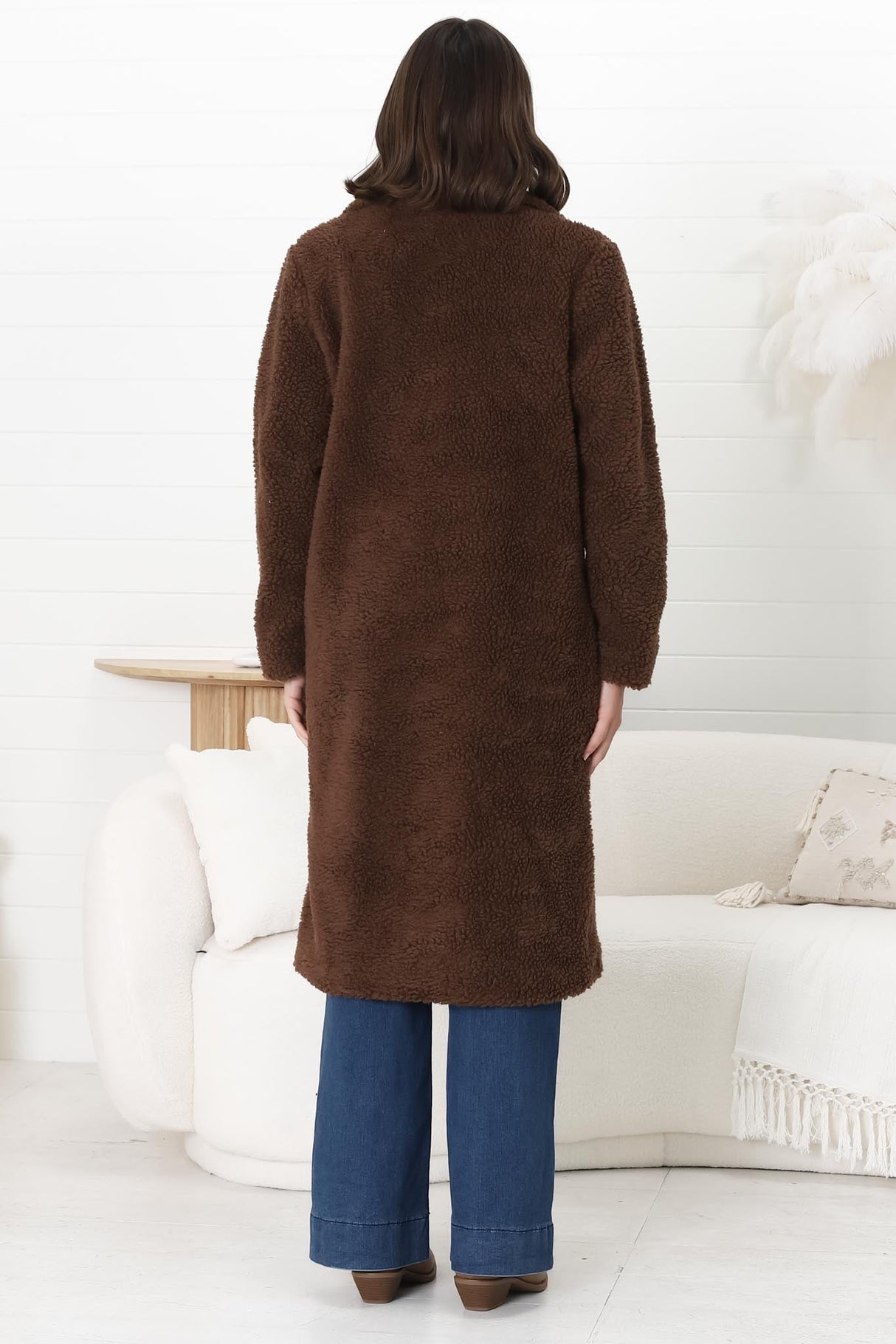 Rooney Coat - Lapel Collared Long Teddy Coat in Brown