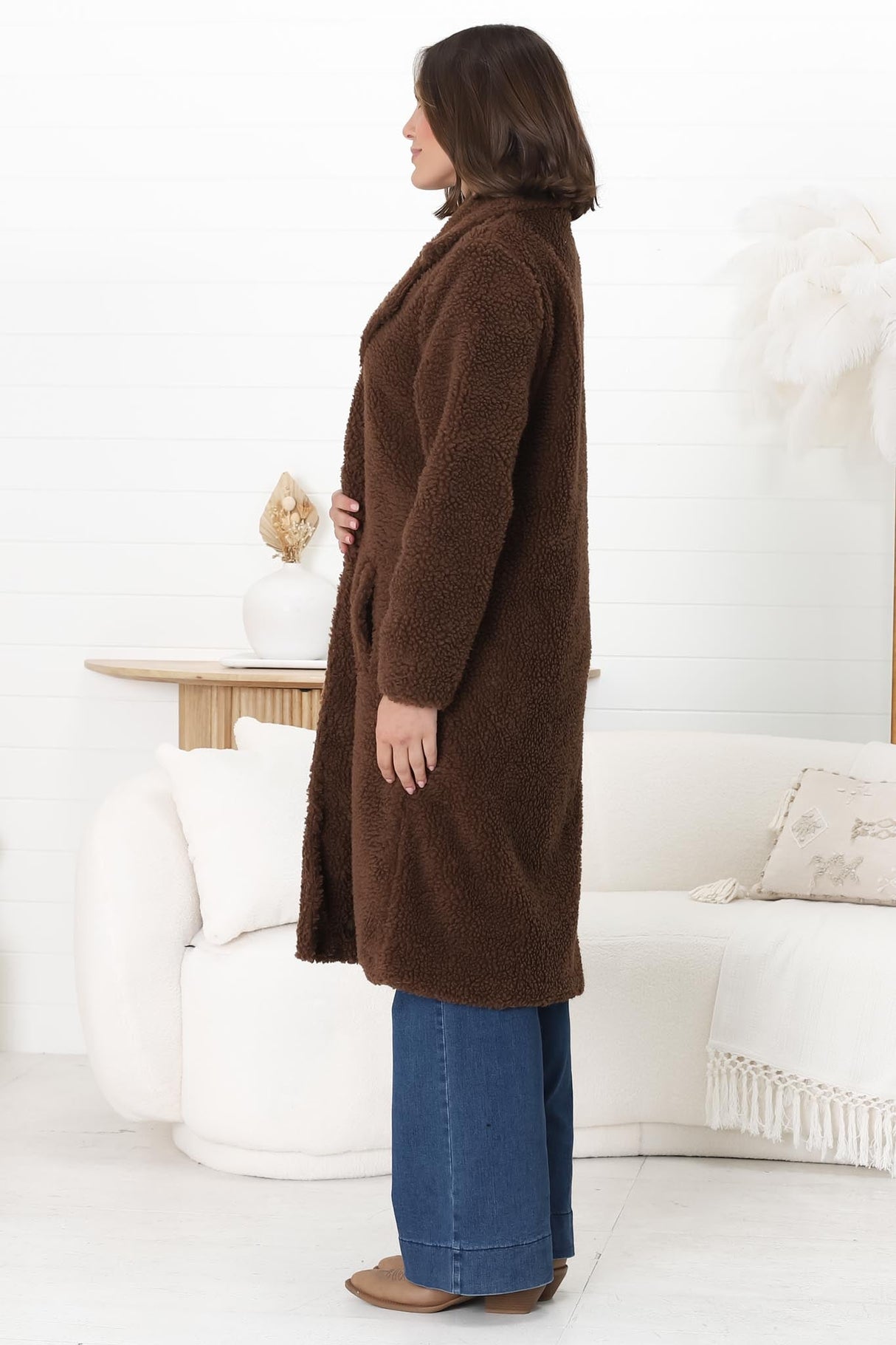 Rooney Coat - Lapel Collared Long Teddy Coat in Brown