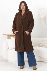 Rooney Coat - Lapel Collared Long Teddy Coat in Brown