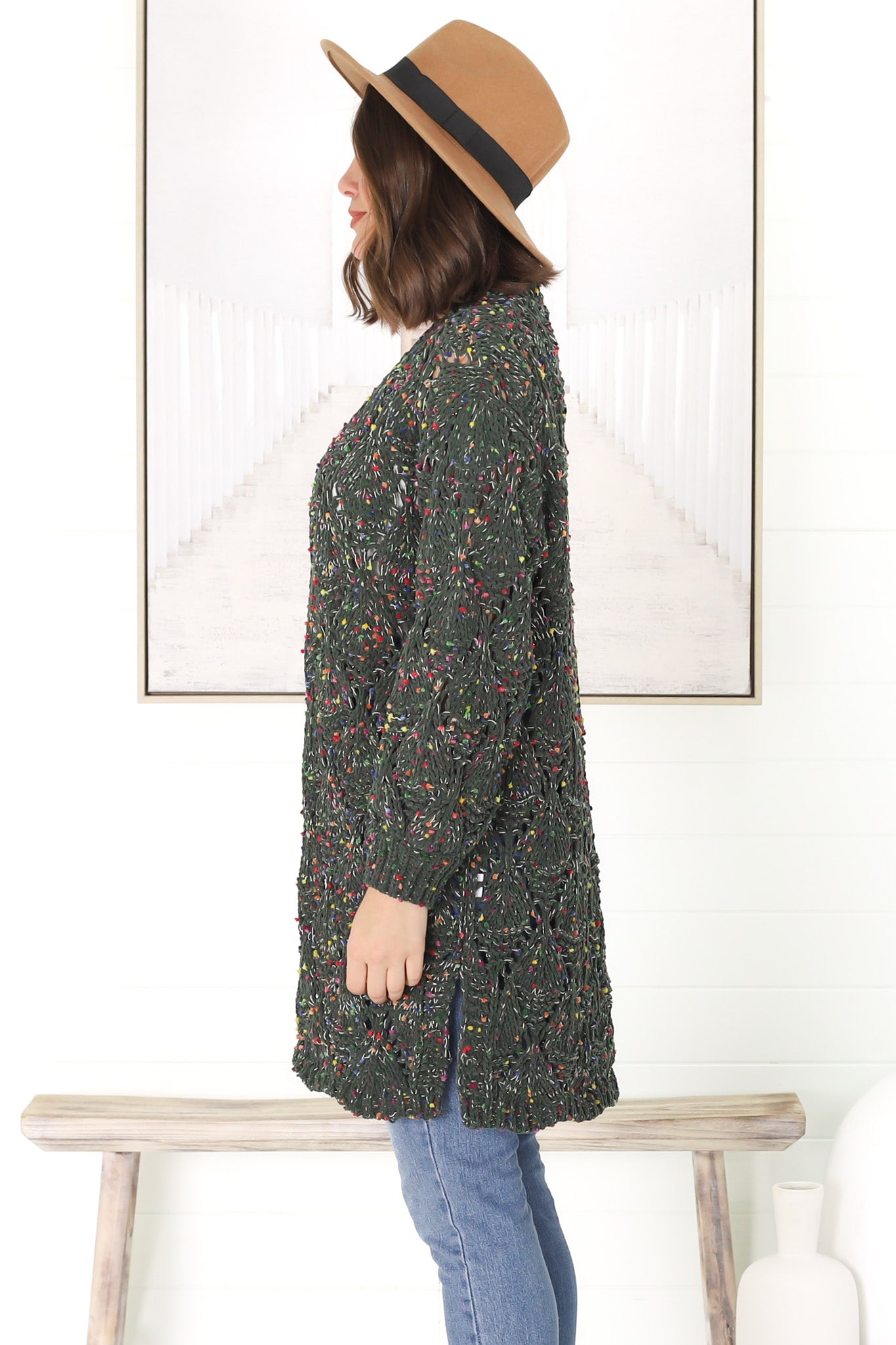 Honour Cardigan - Rainbow Speck Open Knit Cardigan in Military Green