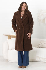 Rooney Coat - Lapel Collared Long Teddy Coat in Brown