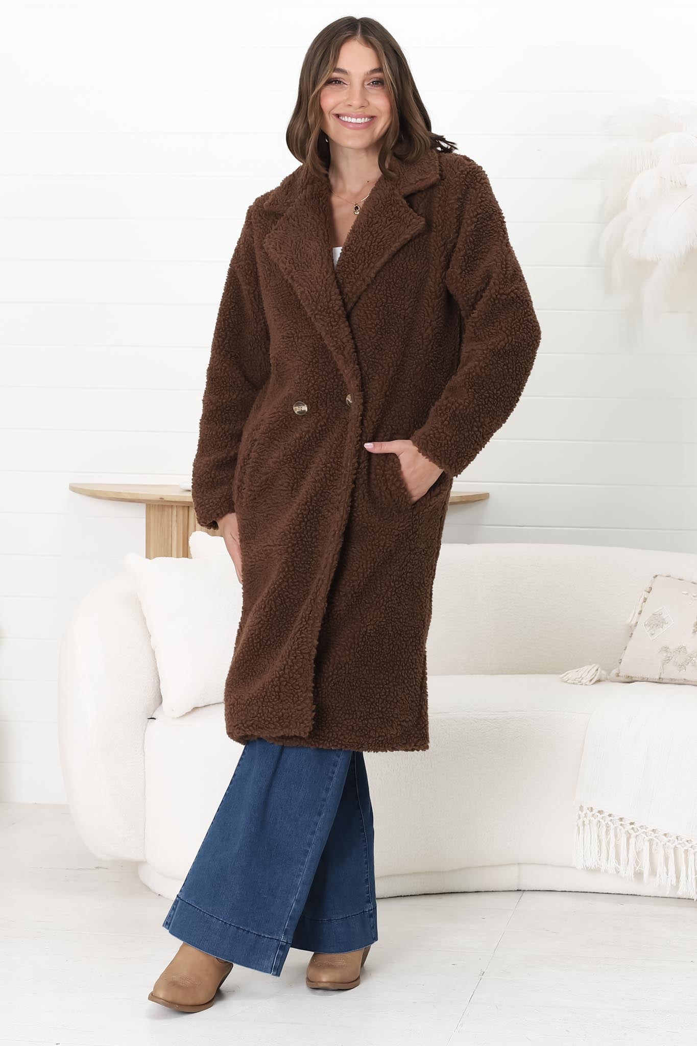 Rooney Coat - Lapel Collared Long Teddy Coat in Brown
