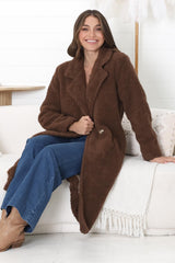 Rooney Coat - Lapel Collared Long Teddy Coat in Brown