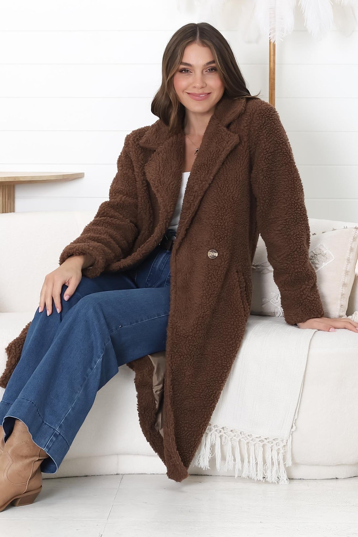 Rooney Coat - Lapel Collared Long Teddy Coat in Brown