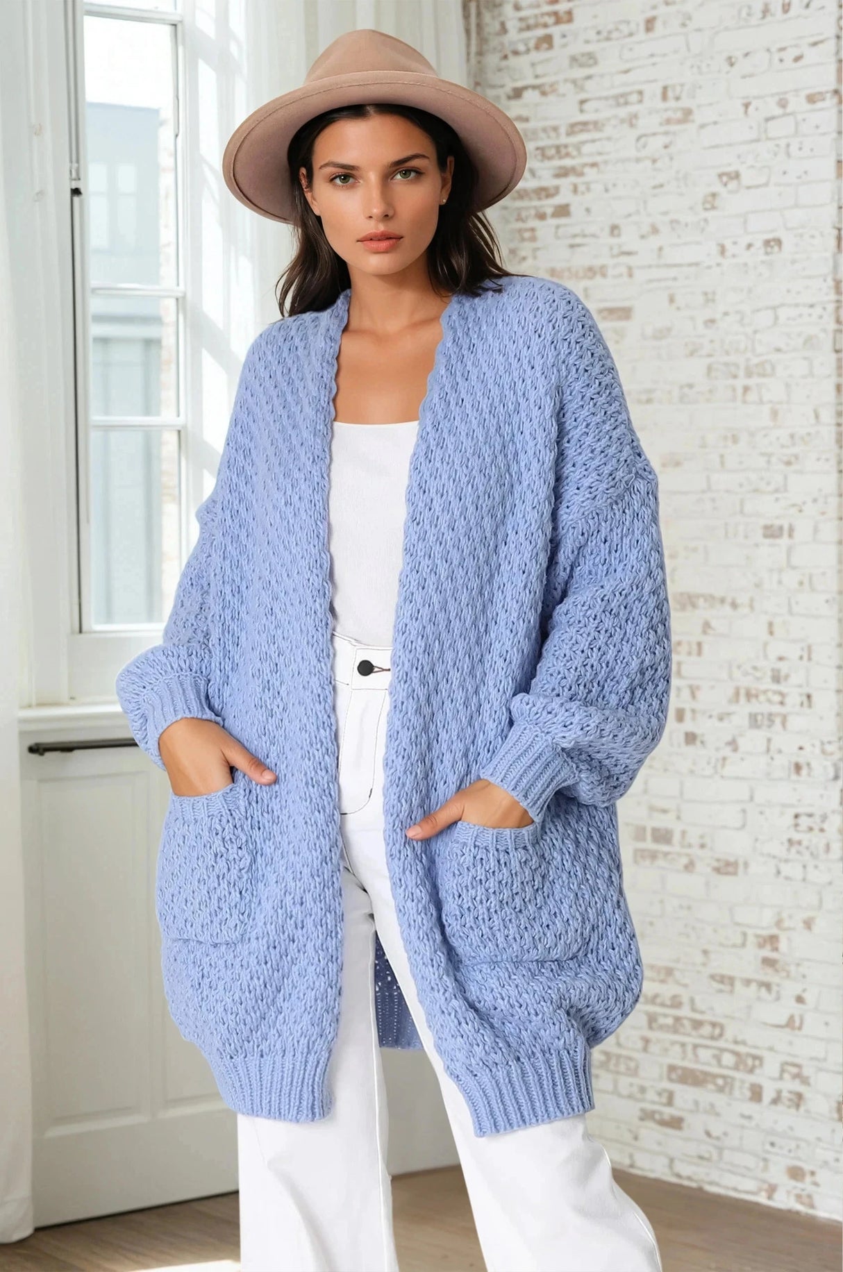 Ricki Cardigan - Open Front Chunky Knit Cardigan in Powder Blue