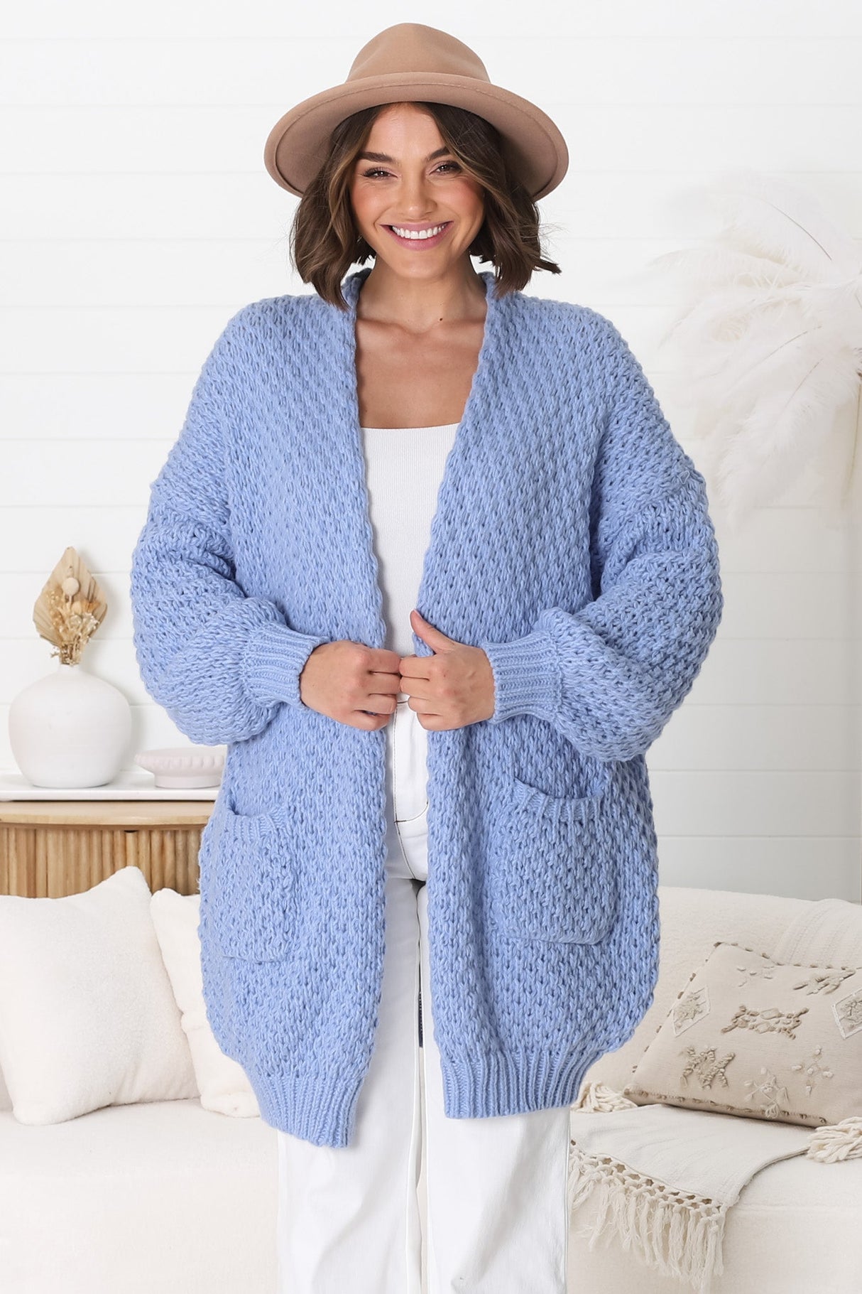 Ricki Cardigan - Open Front Chunky Knit Cardigan in Powder Blue