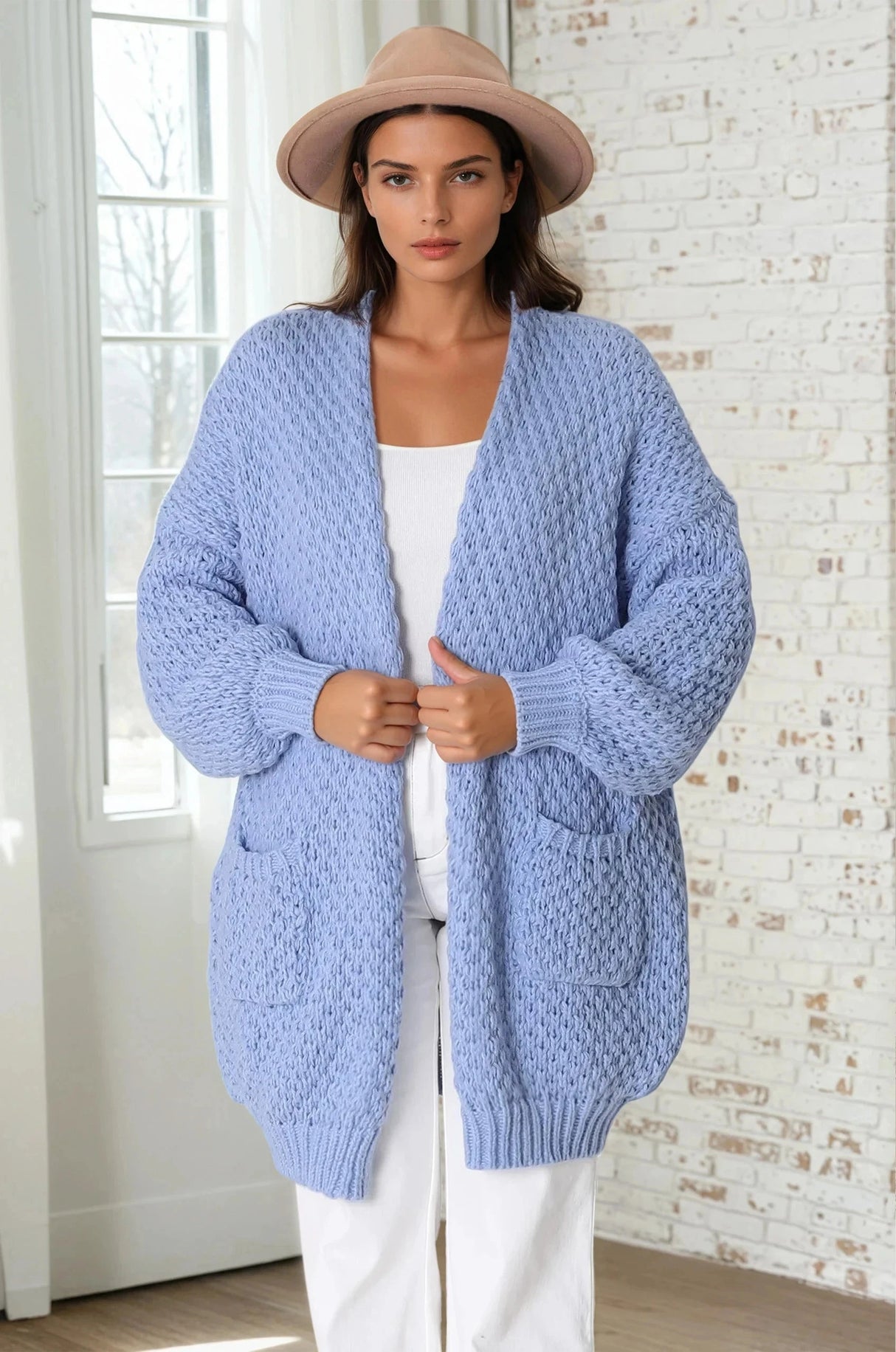 Ricki Cardigan - Open Front Chunky Knit Cardigan in Powder Blue