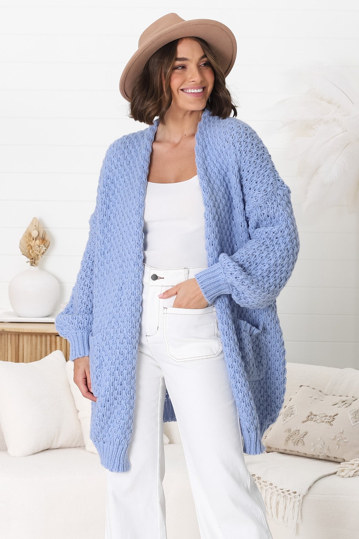 Ricki Cardigan - Open Front Chunky Knit Cardigan in Powder Blue