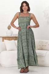 Bailie Maxi Dress - Rick Rack Detailed Sun Dress with Pockets Astra Print in Green