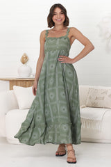 Bailie Maxi Dress - Rick Rack Detailed Sun Dress with Pockets Astra Print in Green