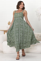 Bailie Maxi Dress - Rick Rack Detailed Sun Dress with Pockets Astra Print in Green