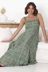 Bailie Maxi Dress - Rick Rack Detailed Sun Dress with Pockets Astra Print in Green