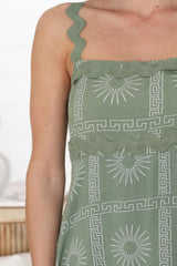 Bailie Maxi Dress - Rick Rack Detailed Sun Dress with Pockets Astra Print in Green