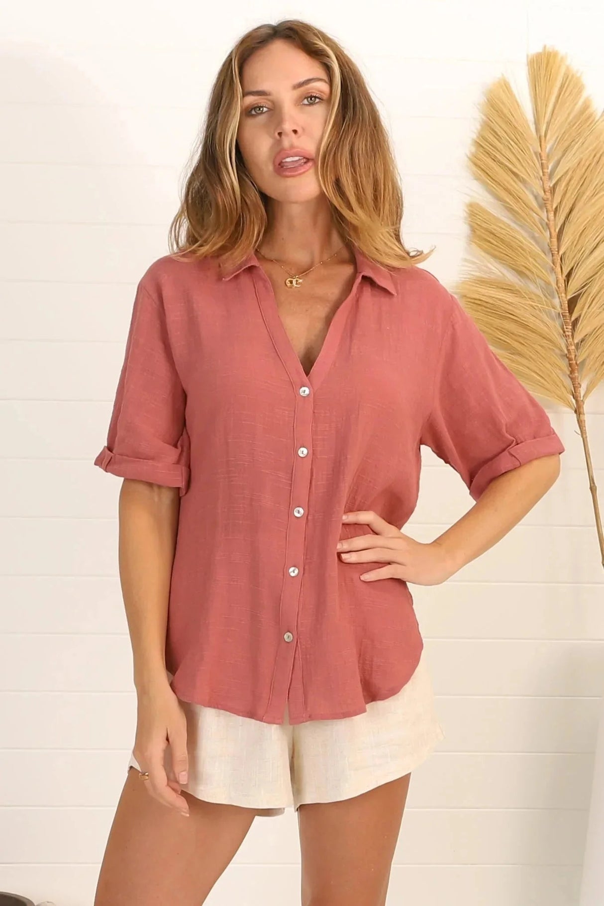 Shelly Shirt - Linen Collared Button Down Shirt in Guava