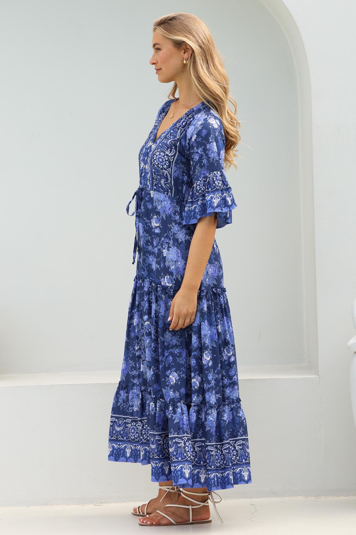 Sky Maxi Dress - A Line Dress with Front Split and Flute Sleeves in Janger Print