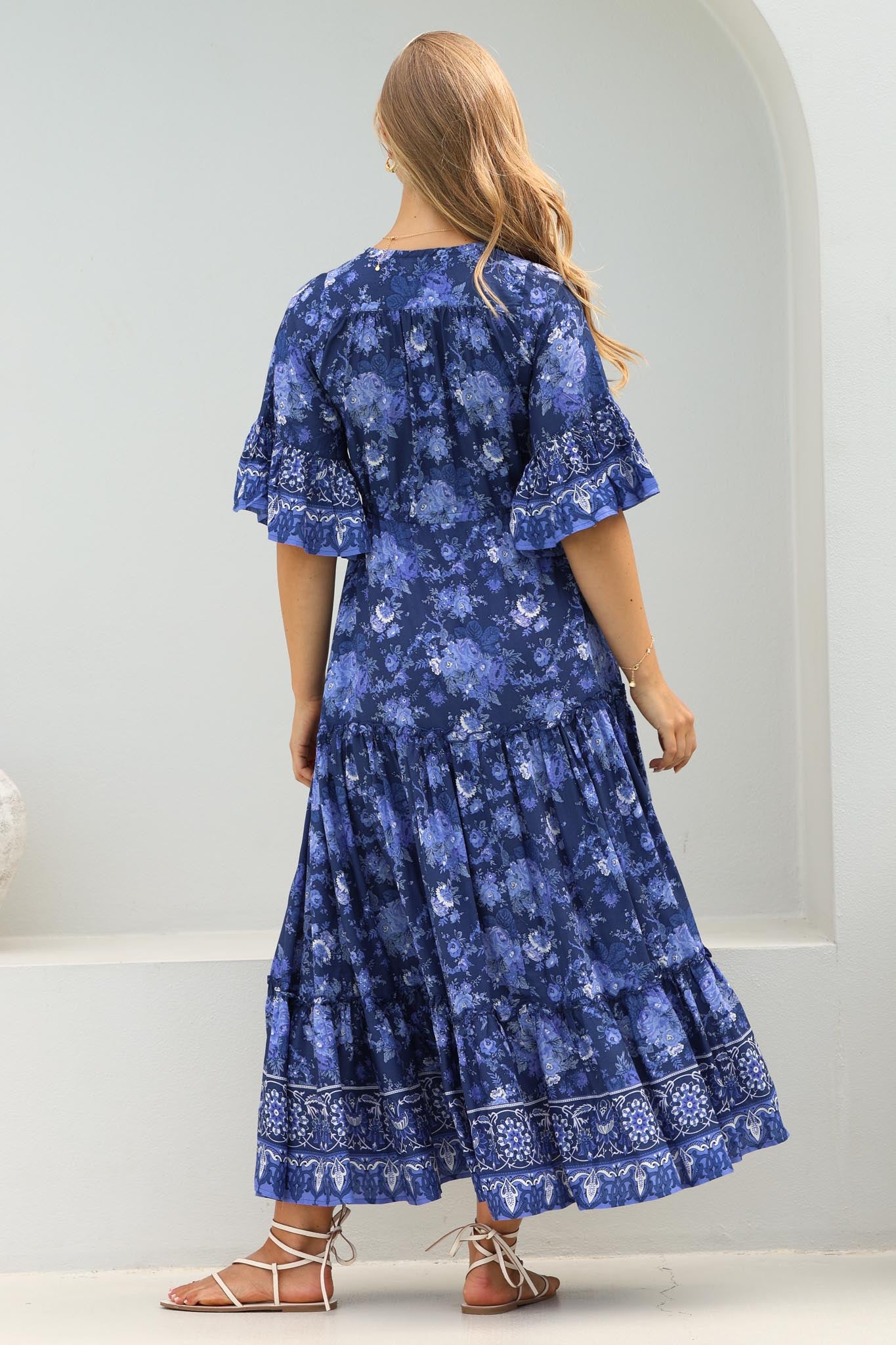 Sky Maxi Dress - A Line Dress with Front Split and Flute Sleeves in Janger Print