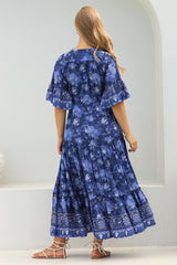 Sky Maxi Dress - A Line Dress with Front Split and Flute Sleeves in Janger Print