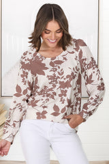 Fintra Top - Zipper Detail Long Sleeve Top in Brown Kacia Print