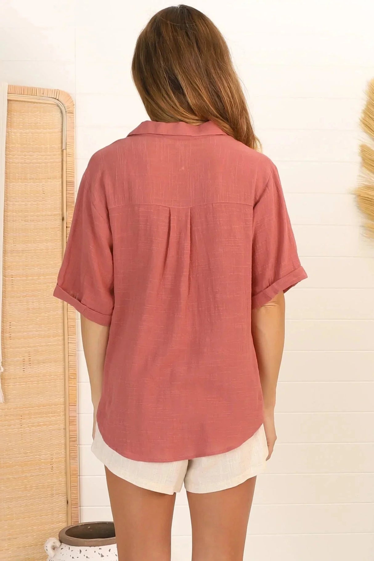 Shelly Shirt - Linen Collared Button Down Shirt in Guava