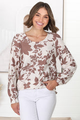 Fintra Top - Zipper Detail Long Sleeve Top in Brown Kacia Print