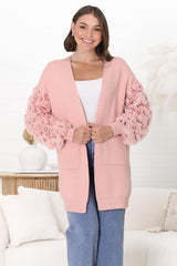 Talita Cardgian - Statement Fluffy Sequined Sleeve Cardigan in Pink