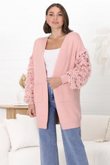 Talita Cardgian - Statement Fluffy Sequined Sleeve Cardigan in Pink