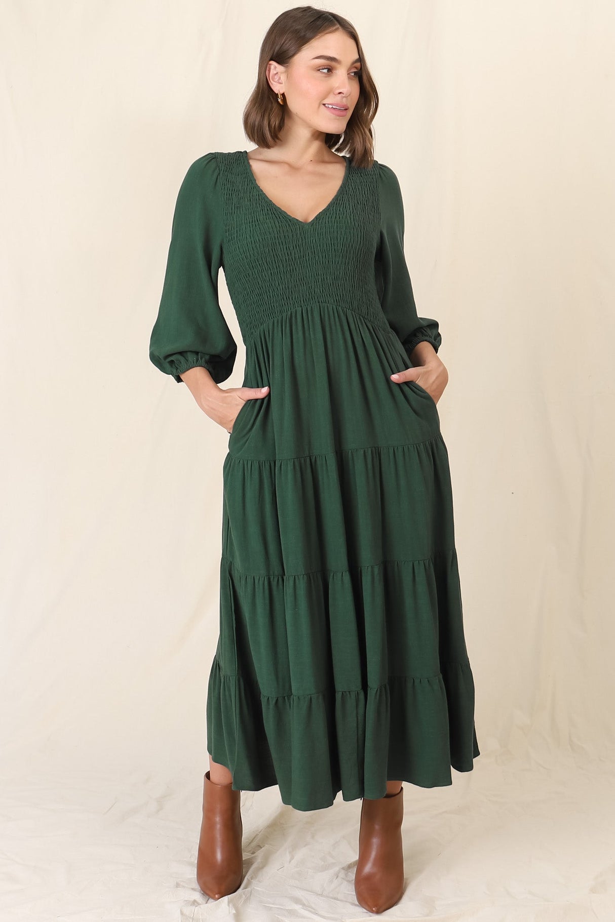 Lellah Midi Dress - Shirred Bodice Soft V Neck Tiered Dress in Green