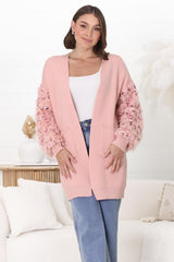 Talita Cardgian - Statement Fluffy Sequined Sleeve Cardigan in Pink