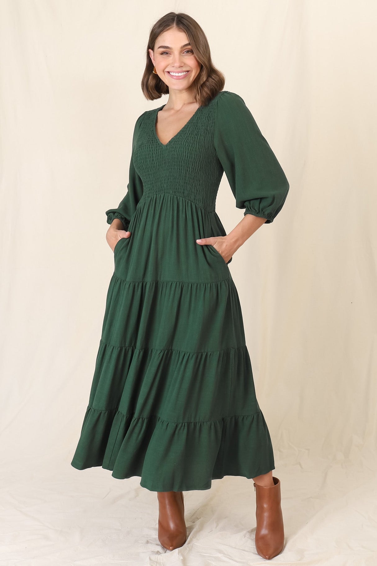 Lellah Midi Dress - Shirred Bodice Soft V Neck Tiered Dress in Green