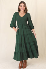 Lellah Midi Dress - Shirred Bodice Soft V Neck Tiered Dress in Green