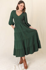 Lellah Midi Dress - Shirred Bodice Soft V Neck Tiered Dress in Green