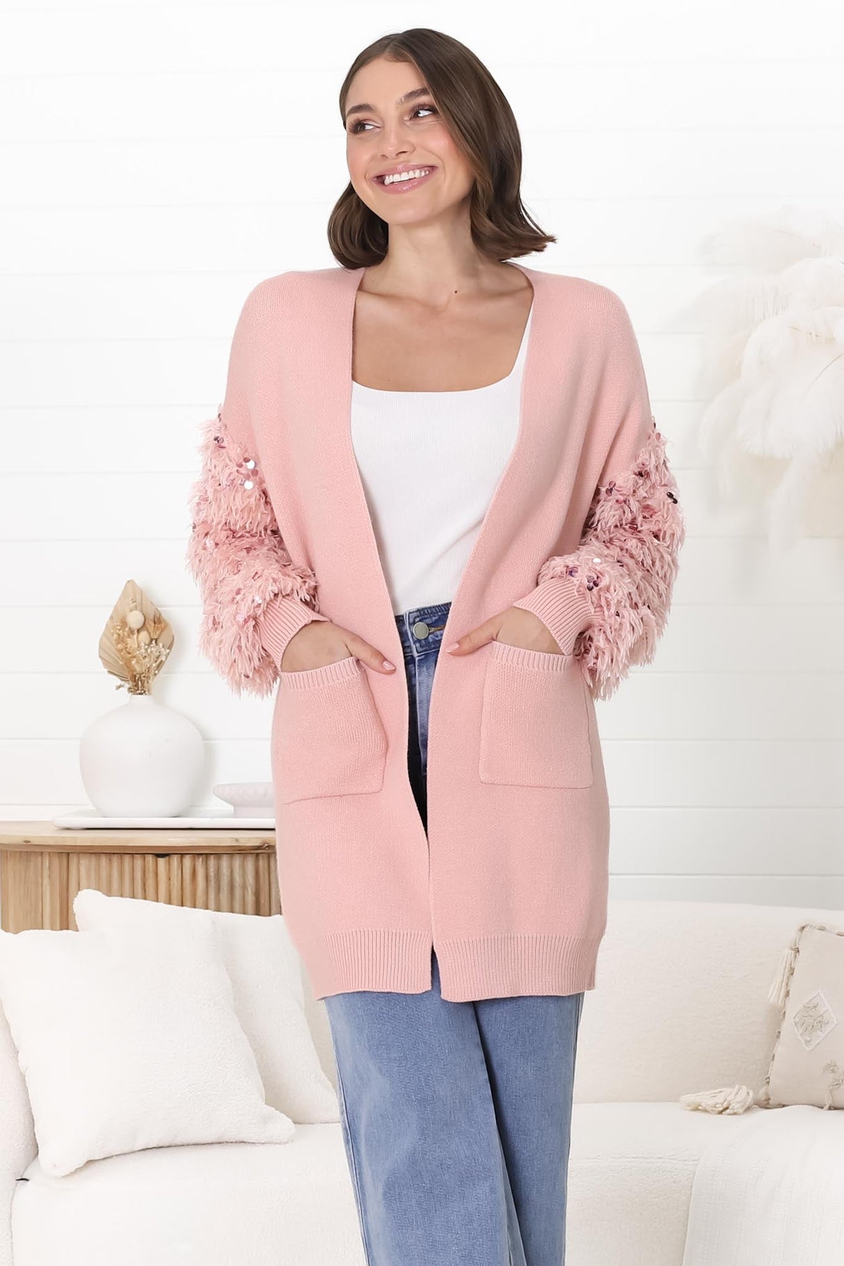 Talita Cardgian - Statement Fluffy Sequined Sleeve Cardigan in Pink