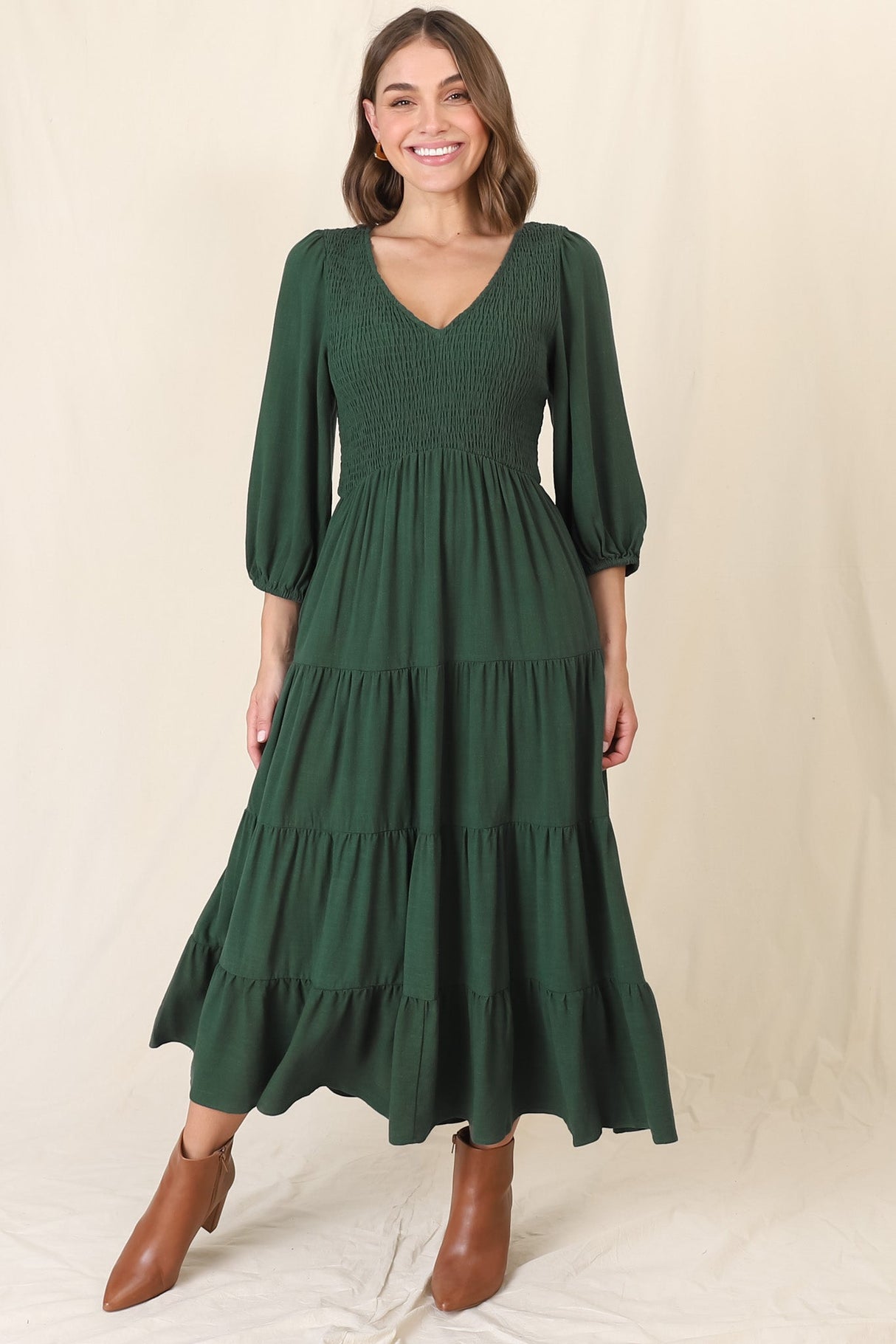 Lellah Midi Dress - Shirred Bodice Soft V Neck Tiered Dress in Green