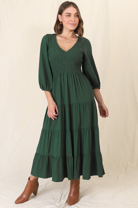 Lellah Midi Dress - Shirred Bodice Soft V Neck Tiered Dress in Green