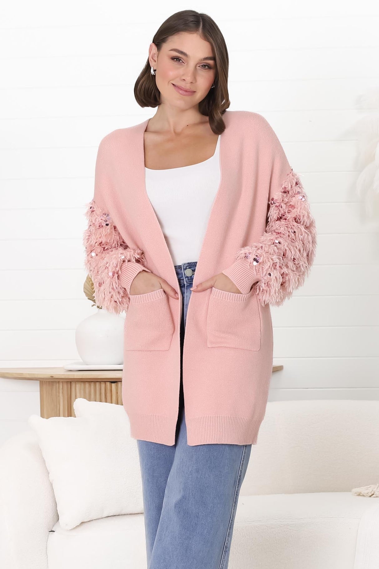 Talita Cardgian - Statement Fluffy Sequined Sleeve Cardigan in Pink