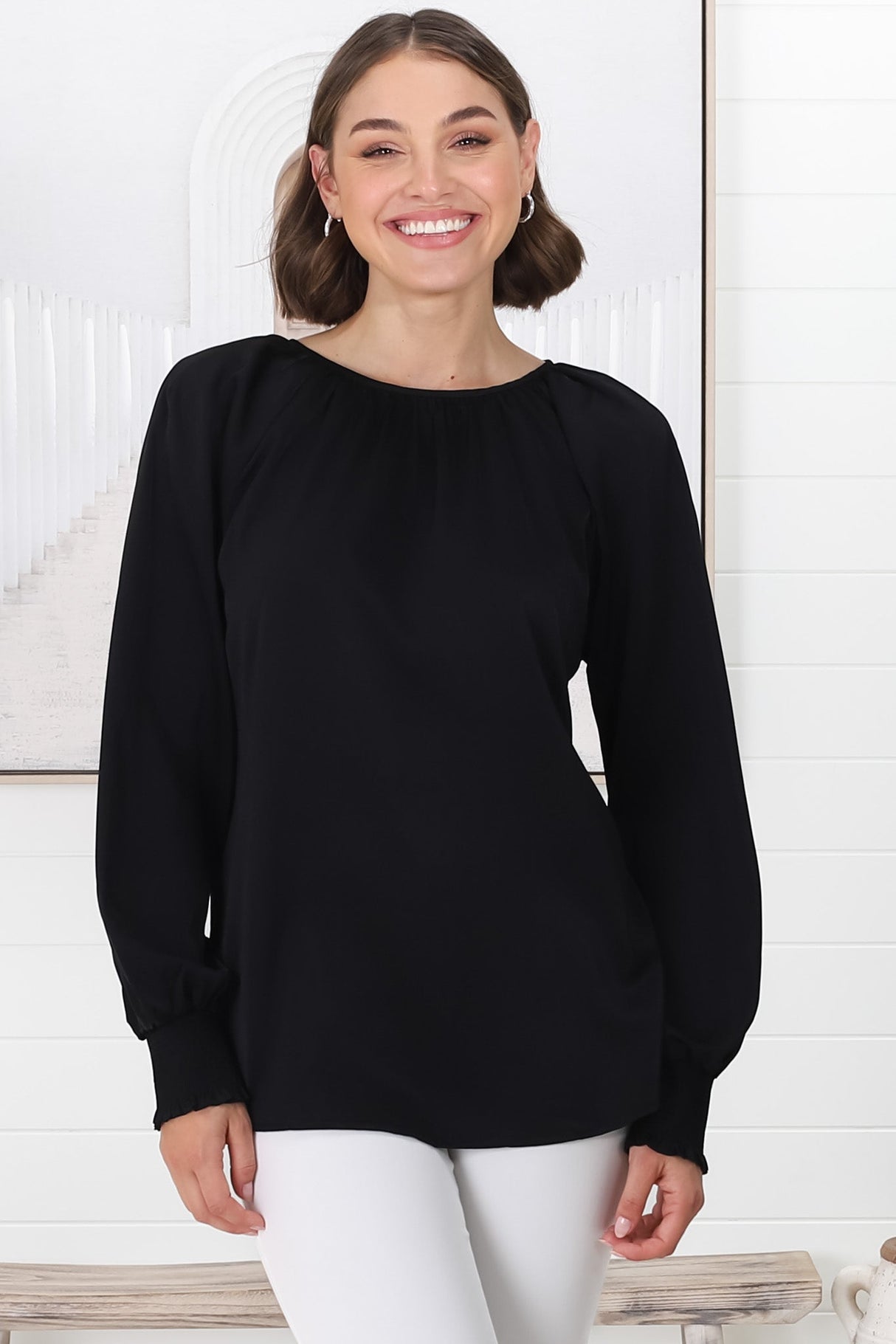 Kari Blouse - Pull Over Blouse with Long Balloon Sleeves in Black