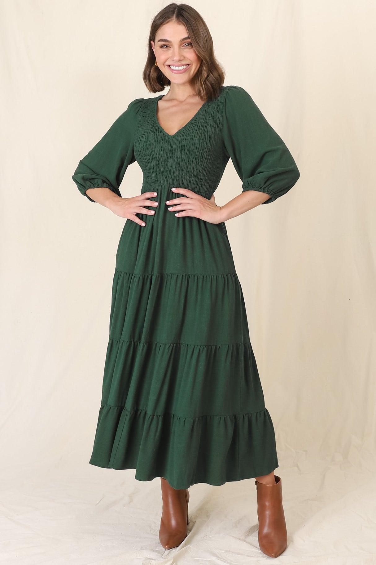 Lellah Midi Dress - Shirred Bodice Soft V Neck Tiered Dress in Green