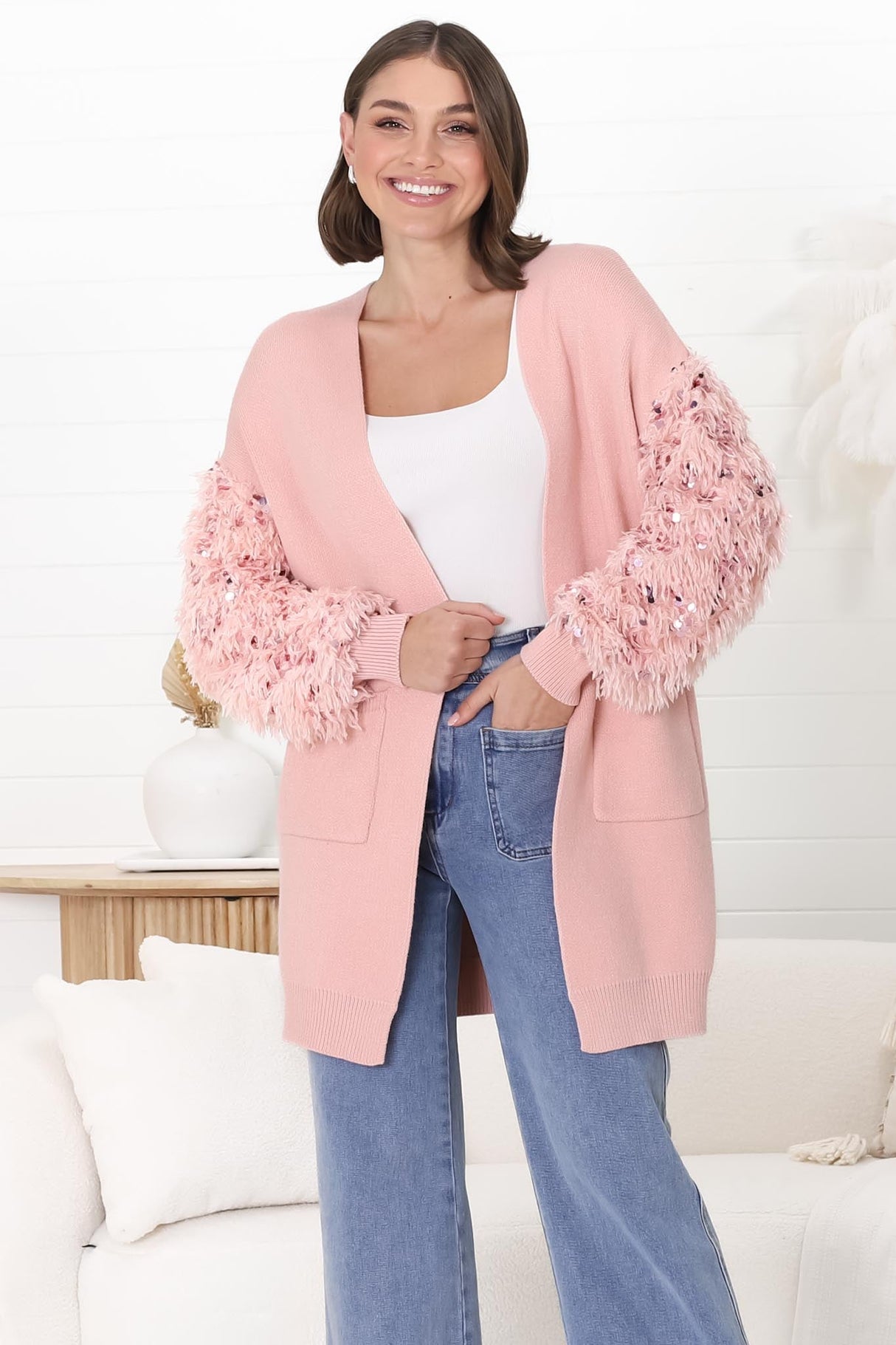 Talita Cardgian - Statement Fluffy Sequined Sleeve Cardigan in Pink