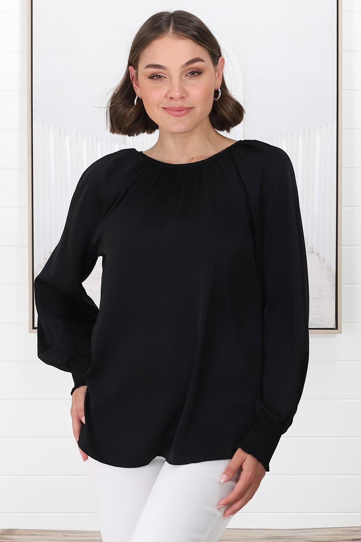 Kari Blouse - Pull Over Blouse with Long Balloon Sleeves in Black