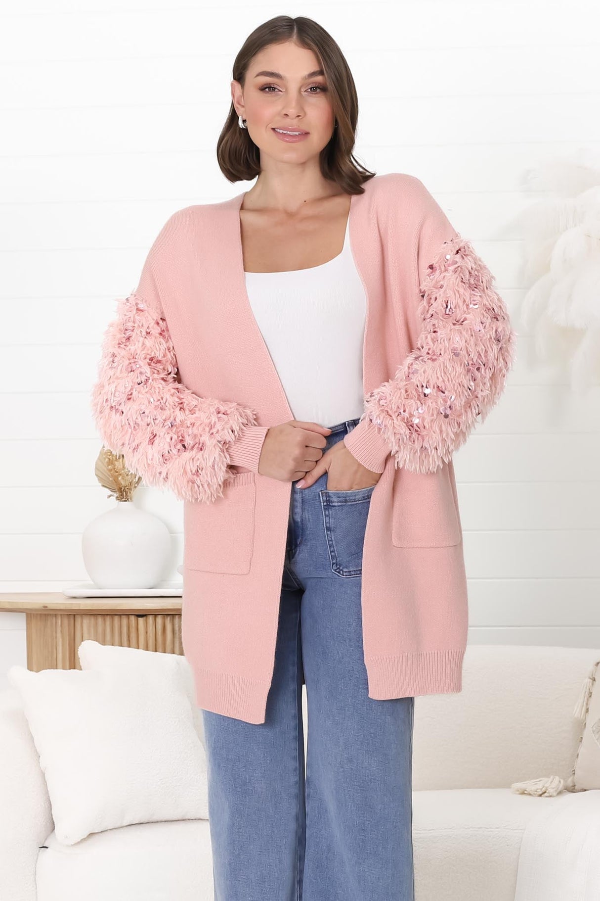 Talita Cardgian - Statement Fluffy Sequined Sleeve Cardigan in Pink