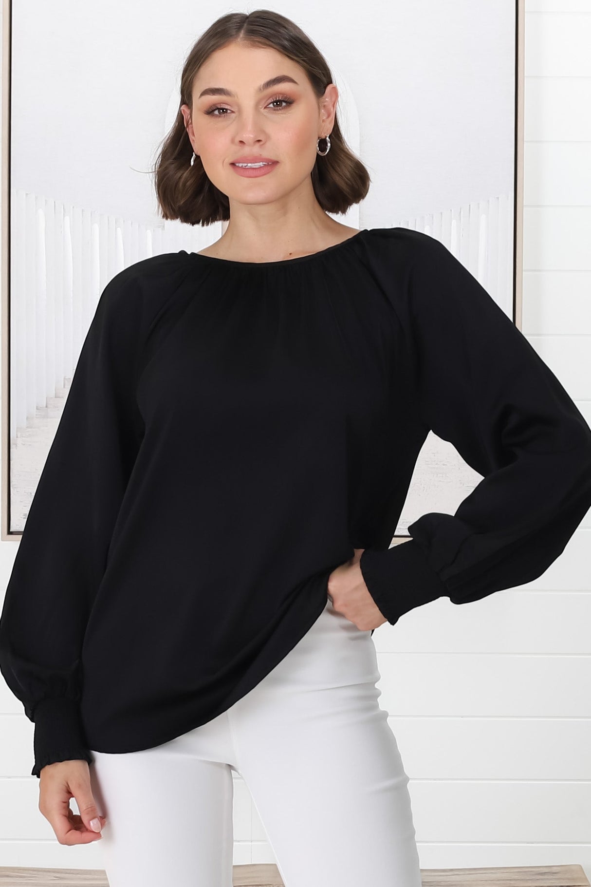 Kari Blouse - Pull Over Blouse with Long Balloon Sleeves in Black