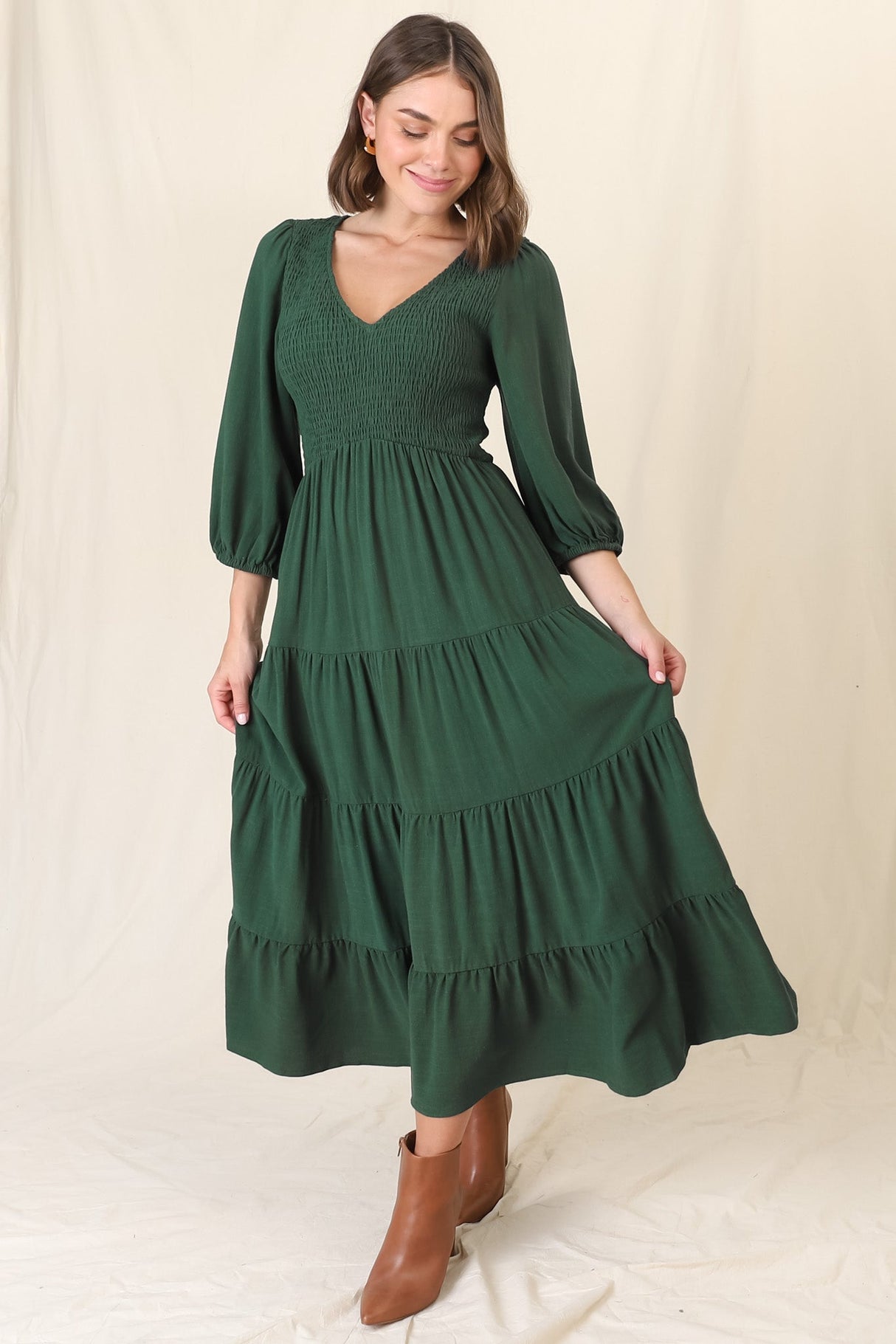 Lellah Midi Dress - Shirred Bodice Soft V Neck Tiered Dress in Green